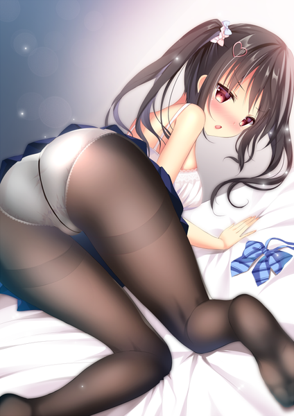 Anime picture 700x990 with original shibainu niki single long hair tall image looking at viewer blush fringe breasts open mouth light erotic red eyes brown hair twintails bare shoulders payot full body bent knee (knees) ass indoors