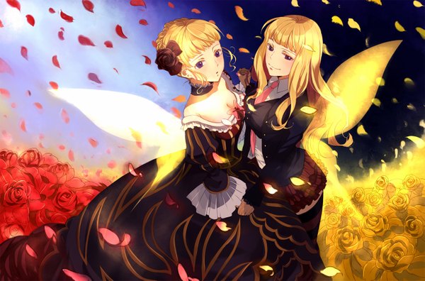 Anime picture 1333x881 with umineko no naku koro ni beatrice nanamura blonde hair multiple girls girl dress flower (flowers) 2 girls petals wings hairband rose (roses)