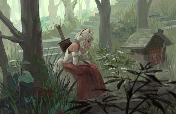 Anime picture 1936x1253 with touhou inubashiri momiji pororikin single highres short hair red eyes sitting bare shoulders animal ears full body outdoors white hair tail traditional clothes japanese clothes animal tail profile wide sleeves arm support