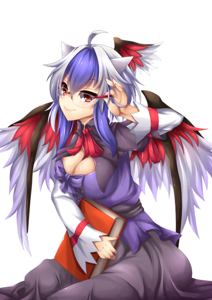 Anime picture 800x1130 with touhou tokiko (touhou) fi-san single tall image short hair smile red eyes purple hair ahoge white hair nail polish multicolored hair two-tone hair transparent background head wings girl dress wings glasses