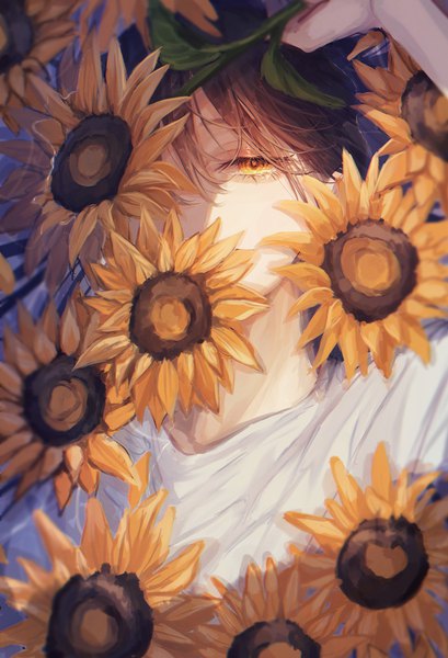 Anime picture 2179x3194 with original same ukiwa single tall image looking at viewer fringe highres short hair brown hair yellow eyes tears covering covering face girl flower (flowers) sunflower