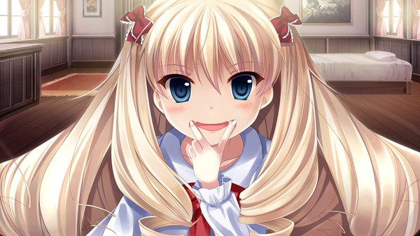 Anime picture 1024x576 with futagoza no paradox tagme (character) long hair blush open mouth blue eyes blonde hair smile wide image game cg loli drill hair girl dress bow hair bow bed room