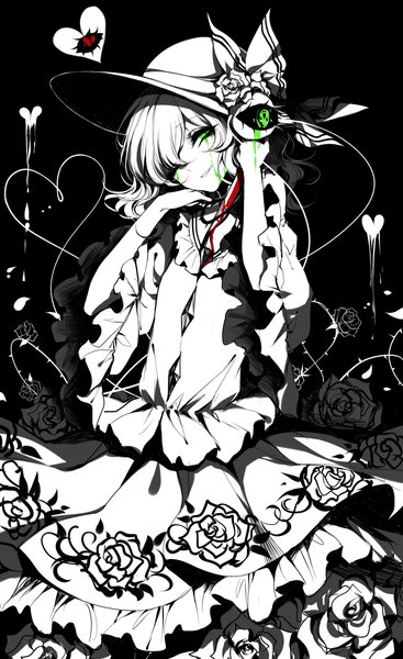 Anime picture 2200x3600 with touhou komeiji koishi sheya single tall image looking at viewer highres short hair smile green eyes head tilt wide sleeves floral print black background monochrome bloody weapon spot color girl skirt flower (flowers)