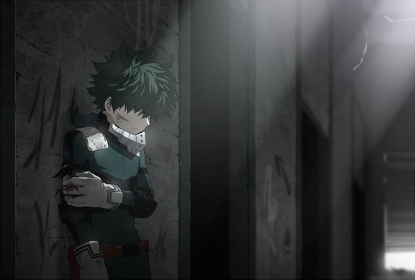 Anime picture 1200x811 with boku no hero academia studio bones midoriya izuku rupinesu single fringe short hair standing indoors green hair sunlight blood on face spiked hair freckles holding arm hair over eyes bloody clothes bleeding boy gloves