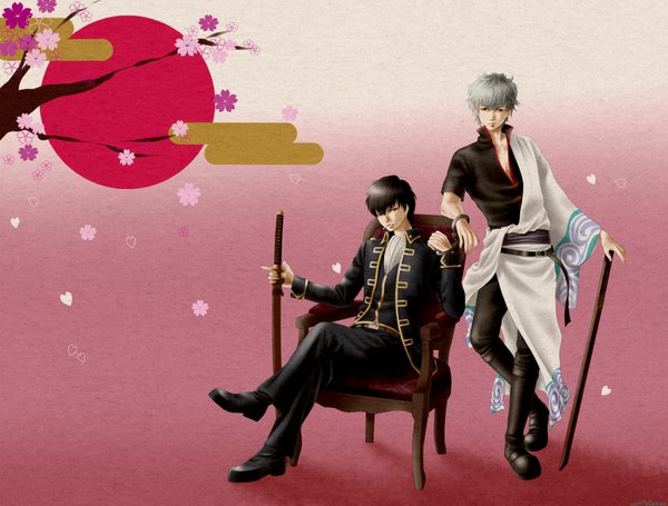 Anime picture 1978x1500 with gintama sunrise (studio) sakata gintoki hijikata toshiro looking at viewer highres short hair black hair sitting silver hair traditional clothes japanese clothes multiple boys cherry blossoms boy uniform flower (flowers) weapon sword katana