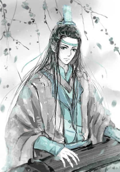 Anime picture 1223x1754 with mo dao zu shi lan wangji doz (artist) single long hair tall image looking at viewer blue eyes black hair simple background white background sitting upper body traditional clothes wide sleeves hair bun (hair buns) chinese clothes playing instrument partially colored boy