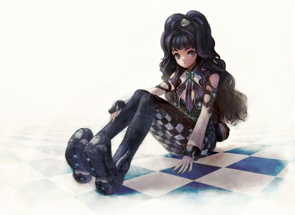 Anime picture 1169x850 with original aililith (artist) single long hair blue eyes black hair simple background white background sitting nail polish checkered floor girl boots