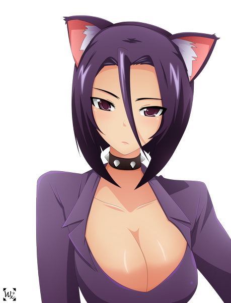 Anime picture 1379x1800 with kami nomi zo shiru sekai nikaidou yuri von-cx (van-dinex) single tall image short hair breasts light erotic large breasts purple eyes animal ears purple hair cat ears coloring transparent background girl collar