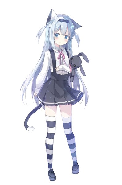 Anime picture 1517x2300 with original saeki sora single long hair tall image looking at viewer fringe blue eyes simple background standing white background holding animal ears full body tail long sleeves animal tail pleated skirt cat ears cat girl