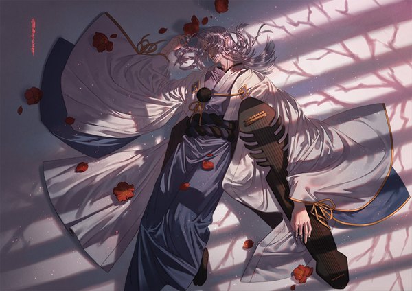 Anime picture 1000x707 with onmyoji torinmo single long hair silver hair bent knee (knees) lying traditional clothes head tilt japanese clothes from above wide sleeves on back boy flower (flowers) petals kimono musical instrument