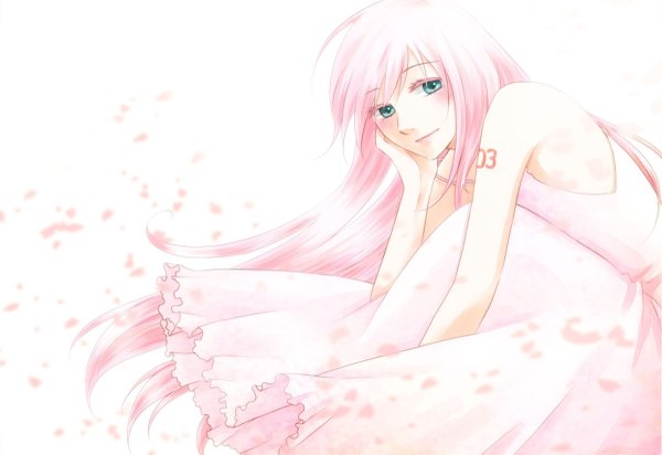 Anime picture 1200x825 with vocaloid megurine luka long hair bare shoulders green eyes pink hair girl dress petals