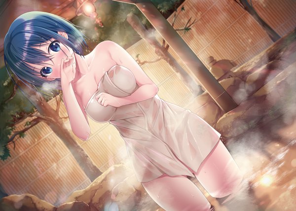 Anime picture 2000x1426 with original sousouman single looking at viewer blush fringe highres short hair blue eyes light erotic hair between eyes standing bare shoulders blue hair dutch angle ass visible through thighs covered mouth steam naked towel girl