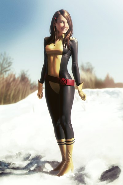 Anime picture 1300x1952 with x-men marvel comics kitty pryde lenadrofranci single tall image short hair blue eyes smile brown hair realistic winter snow girl gloves hair ornament boots belt hairclip bodysuit