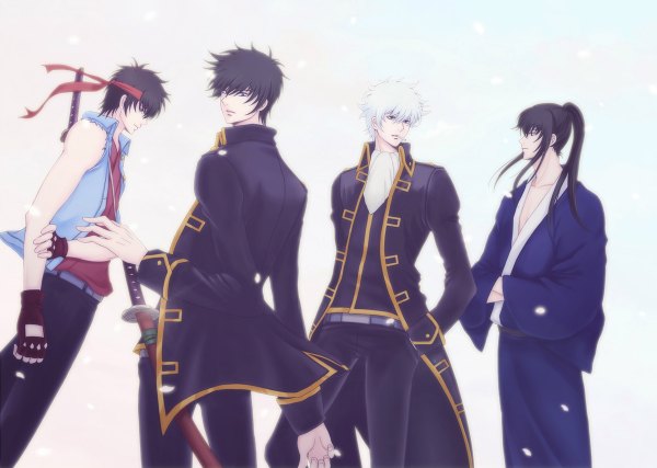 Anime picture 1200x854 with gintama sunrise (studio) sakata gintoki hijikata toshiro siro long hair short hair black hair simple background white hair ponytail japanese clothes profile looking back from behind multiple boys torn clothes hands in pockets multiple persona boy