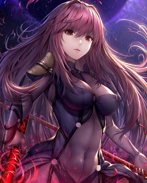 Anime picture 800x998 with fate (series) fate/grand order scathach (fate) (all) scathach (fate) hisahisahisahisa single long hair tall image fringe breasts light erotic hair between eyes red eyes large breasts purple hair outdoors parted lips night erect nipples night sky