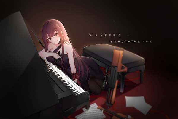 Anime picture 3508x2356 with girls frontline wa2000 (girls frontline) jun.bit single long hair looking at viewer blush fringe highres smile hair between eyes red eyes brown hair sitting bare shoulders absurdres blurry inscription character names dark background