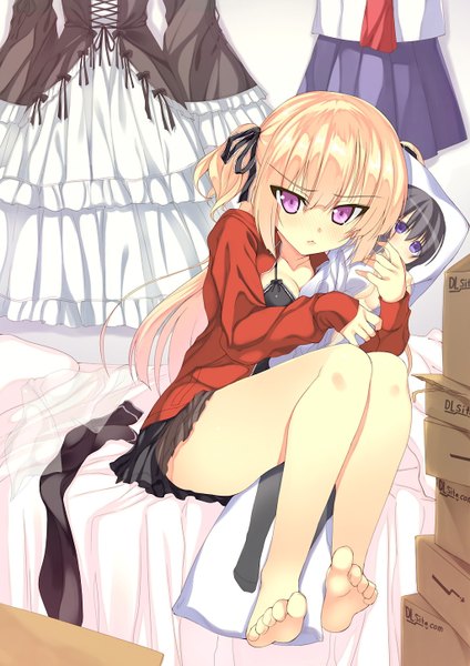 Anime picture 1024x1448 with original takeda aranobu (artist) long hair tall image blonde hair pink eyes barefoot hug girl dress skirt uniform school uniform miniskirt pillow