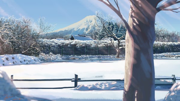 Anime picture 2461x1385 with original xi chen chen highres wide image signed sky outdoors sunlight dated winter snow mountain no people sunbeam scenic bare tree plant (plants) tree (trees) building (buildings) fence