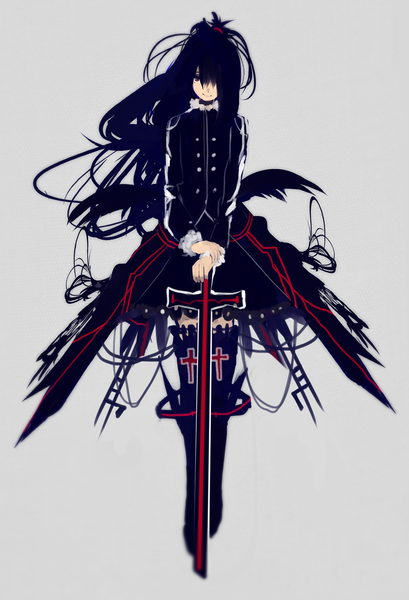 Anime picture 1308x1920 with original tarbo (exxxpiation) single long hair tall image looking at viewer fringe black hair simple background smile ponytail hair over one eye grey background black wings girl thighhighs black thighhighs wings knee boots coat