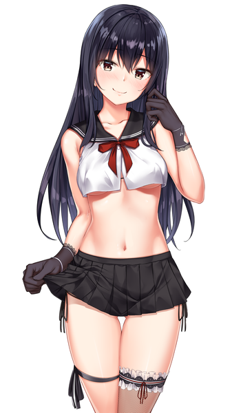 Anime picture 2300x4093 with original jack dempa single long hair tall image looking at viewer blush fringe highres breasts light erotic black hair simple background smile hair between eyes standing white background brown eyes payot pleated skirt