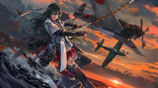 Anime picture 1700x956 with kantai collection zuikaku aircraft carrier neko (yanshoujie) single long hair looking at viewer fringe open mouth hair between eyes wide image standing holding green eyes sky cloud (clouds) traditional clothes japanese clothes green hair wind outstretched arm