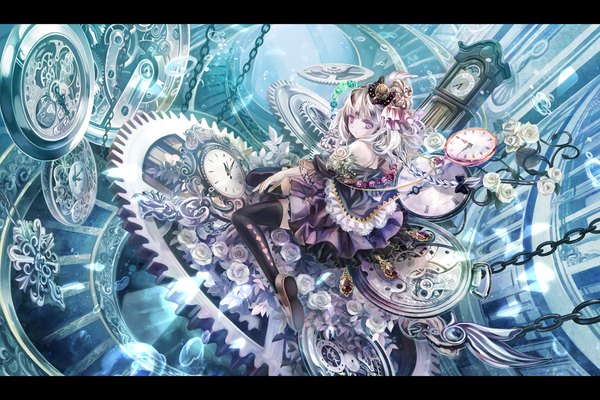 Anime picture 1200x801 with original torino aqua single long hair sitting purple eyes twintails bare shoulders white hair zettai ryouiki letterboxed girl thighhighs dress hair ornament flower (flowers) ribbon (ribbons) hair ribbon frills headdress