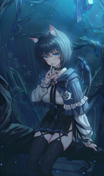Anime picture 3879x6570 with original domi (hyaku8795) single tall image looking at viewer blush fringe highres short hair blue eyes black hair hair between eyes sitting animal ears absurdres outdoors tail long sleeves animal tail pleated skirt