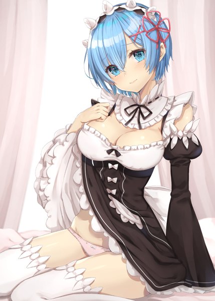 Anime picture 1296x1812 with re:zero kara hajimeru isekai seikatsu white fox rem (re:zero) yuzu-aki single tall image looking at viewer blush fringe short hair breasts blue eyes light erotic hair between eyes white background sitting blue hair cleavage bent knee (knees) head tilt