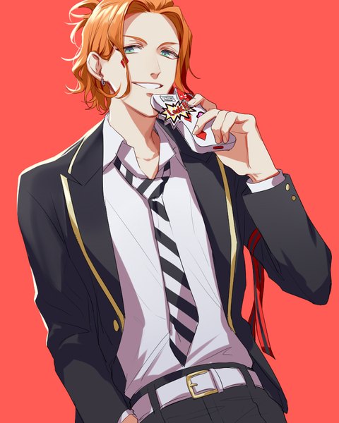 Anime picture 800x1000 with twisted wonderland cater diamond dodoss dont single tall image looking at viewer short hair simple background smile upper body aqua eyes orange hair grin piercing facial mark ear piercing open collar red background boy uniform