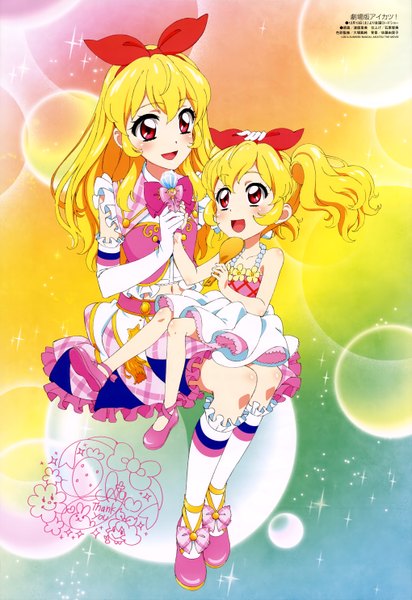 Anime picture 4080x5935 with aikatsu! hoshimiya ichigo watanabe satomi long hair tall image highres blonde hair red eyes multiple girls absurdres official art loli girl dress gloves bow 2 girls hair bow socks elbow gloves