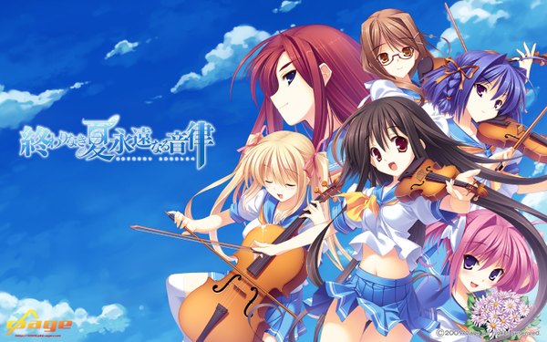 Anime picture 1440x900 with owarinaki natsu towa naru shirabe lieselotte schreiber takanashi mio oogami ritsuko koshino karen amamiya kanon orihara ai himukai kyousuke wide image multiple girls sky girl glasses serafuku musical instrument violin cello