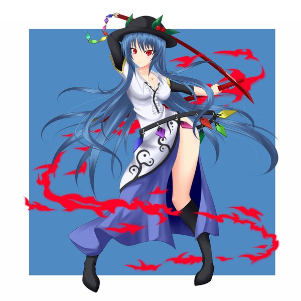 Anime picture 2000x2000 with touhou hinanawi tenshi gmot single long hair highres red eyes blue hair girl weapon hat sword katana