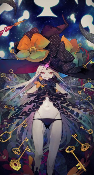 Anime picture 812x1500 with fate (series) fate/grand order abigail williams (fate) nosaki tsubasa single tall image looking at viewer blush light erotic red eyes standing silver hair very long hair glowing topless interlocked fingers skull print evil grin girl navel