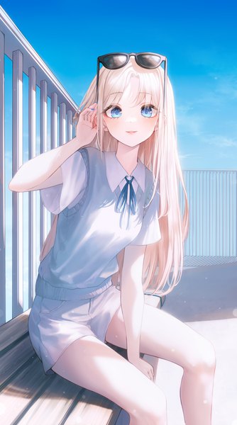 Anime picture 3063x5500 with original kerno single long hair tall image looking at viewer blush fringe highres blue eyes blonde hair smile sitting payot absurdres sky cloud (clouds) outdoors nail polish fingernails