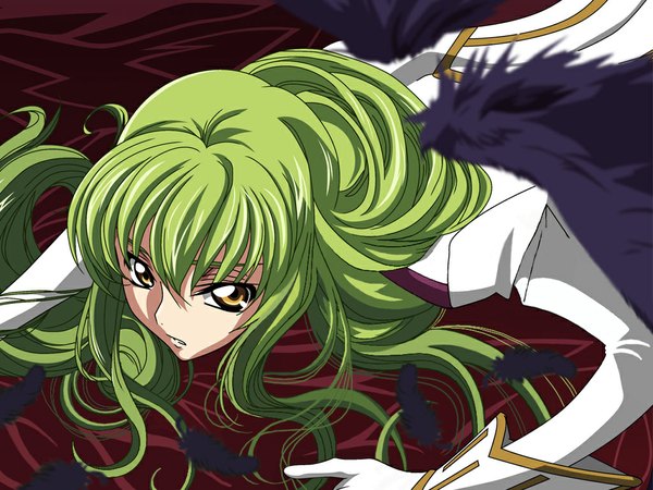 Anime picture 1024x768 with code geass sunrise (studio) c.c. single long hair looking at viewer fringe yellow eyes parted lips green hair black wings girl uniform wings feather (feathers)