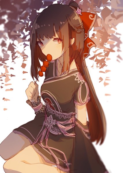 Anime picture 1240x1748 with prophet chu single long hair tall image looking at viewer blush red eyes brown hair sitting ponytail traditional clothes japanese clothes wariza sketch girl bow hair bow detached sleeves food sweets