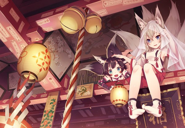 Anime picture 1200x833 with original warabimochi kinako fringe blue eyes black hair hair between eyes sitting multiple girls animal ears indoors tail lying animal tail grey hair from below fox ears fox tail fox girl on stomach multiple tails