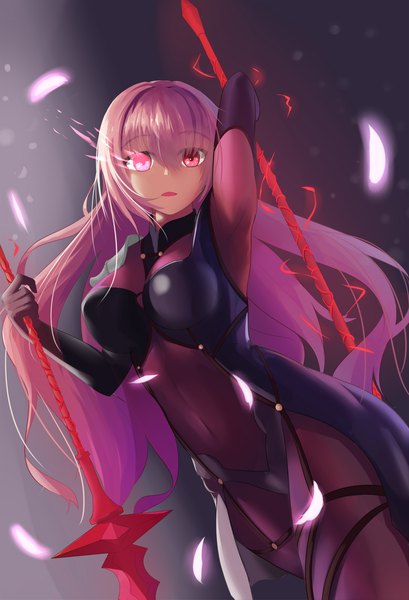 Anime picture 1500x2201 with fate (series) fate/grand order scathach (fate) (all) scathach (fate) loading (vkjim0610) single long hair tall image looking at viewer fringe open mouth light erotic simple background hair between eyes red eyes standing holding pink hair arm up dutch angle