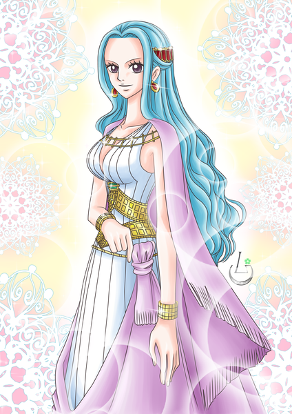 Anime picture 2895x4093 with one piece toei animation nefertari vivi ludovica single long hair tall image looking at viewer highres breasts simple background standing signed blue hair traditional clothes parted lips light smile black eyes sparkle girl