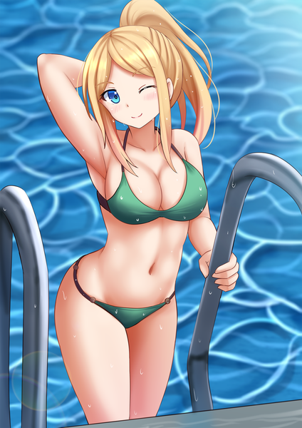Anime picture 1200x1697 with harukana receive thomas claire kazenokaze single long hair tall image blush breasts blue eyes light erotic blonde hair standing bare shoulders holding payot ponytail one eye closed wink bare legs bare belly