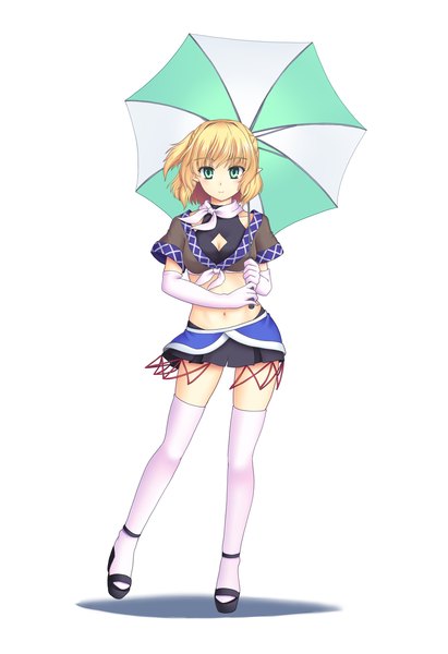 Anime picture 960x1400 with touhou mizuhashi parsee gomi (gomitin) single tall image short hair simple background blonde hair white background green eyes half updo girl thighhighs gloves navel miniskirt white thighhighs elbow gloves umbrella