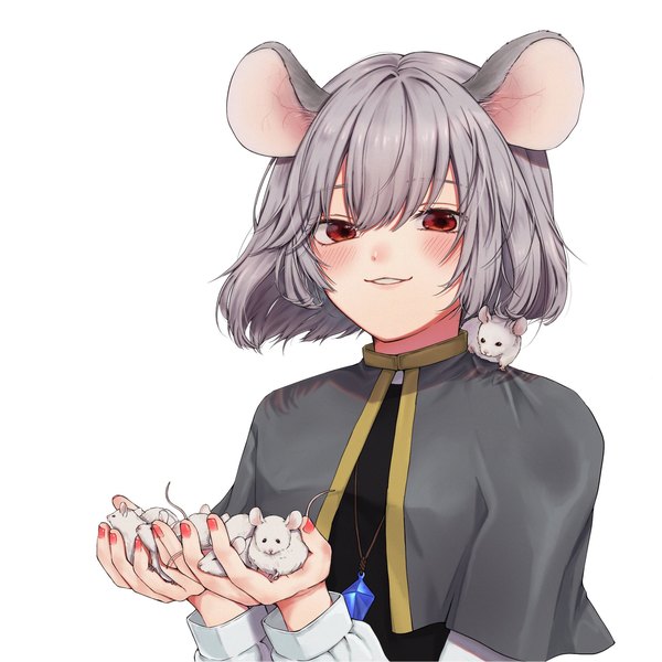 Anime picture 2048x2048 with touhou nazrin oshamu single looking at viewer blush fringe highres short hair simple background smile hair between eyes red eyes white background animal ears upper body nail polish grey hair red nail polish animal on shoulder
