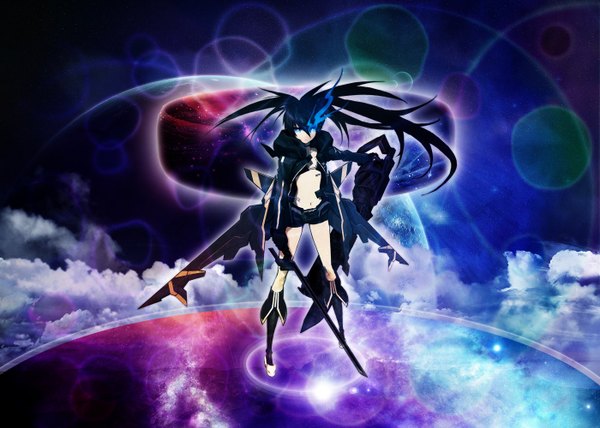 Anime picture 1400x1000 with black rock shooter black rock shooter (character) single long hair blue eyes black hair twintails glowing glowing eye (eyes) girl weapon sword shorts boots katana planet