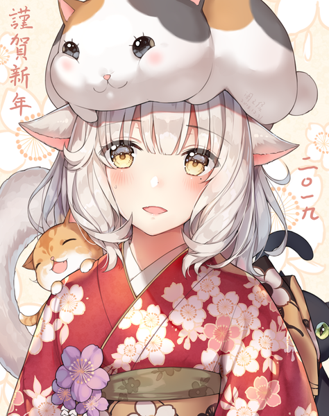 Anime picture 975x1234 with final fantasy final fantasy xiv square enix miqo'te ayuanlv single tall image looking at viewer blush fringe short hair open mouth simple background hair between eyes animal ears yellow eyes silver hair upper body tail traditional clothes