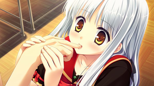 Anime picture 1024x576 with lovely quest sakuraba minaho long hair blush light erotic wide image yellow eyes game cg white hair girl uniform school uniform