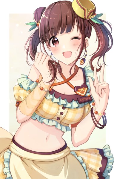 Anime picture 1400x2200 with idolmaster idolmaster shiny colors sonoda chiyoko satoimo chika single tall image looking at viewer blush fringe short hair breasts open mouth simple background brown hair standing white background twintails brown eyes cleavage blunt bangs
