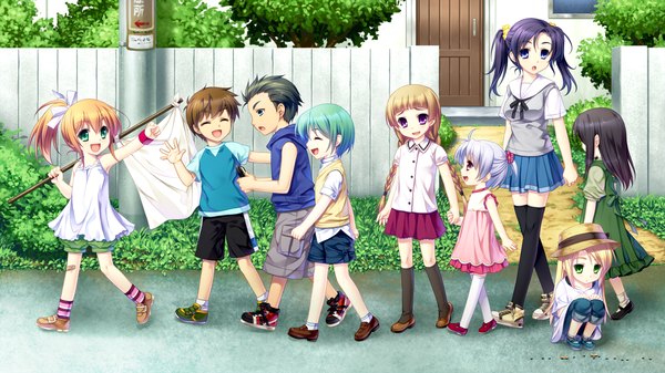 Anime picture 1920x1080 with & - sora no mukou de sakimasu you ni haruki urara honoue maki renjou yae kusui riko koorihama juri saeki hokuto long hair highres short hair blue eyes black hair brown hair wide image purple eyes twintails green eyes game cg silver hair purple hair