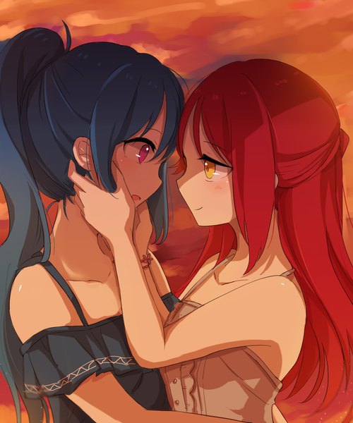 Anime picture 1250x1500 with love live! sunshine!! sunrise (studio) love live! sakurauchi riko matsuura kanan todoke (320114) long hair tall image blush fringe open mouth smile hair between eyes standing bare shoulders multiple girls yellow eyes payot blue hair sky