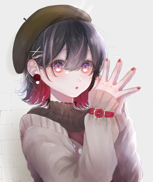 Anime picture 2350x2800 with original klasse14 ichijiku (user yhjw8354) single tall image looking at viewer fringe highres short hair open mouth black hair hair between eyes upper body red hair nail polish pink eyes multicolored hair two-tone hair lipstick sleeves past wrists