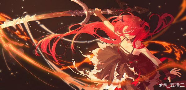 Anime picture 6206x3023 with arknights surtr (arknights) wushier single long hair looking at viewer fringe highres breasts smile wide image purple eyes bare shoulders holding signed absurdres cleavage red hair parted lips horn (horns)